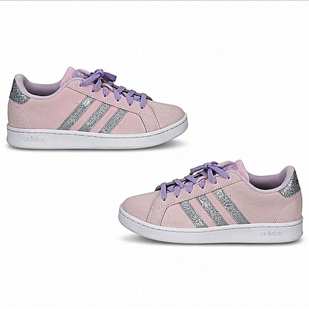 Adidas Grand Court 2.0 K Lavender Purple Silver Glitter Sneakers Youth 6 / Wmn 7 - Picture 2 of 9